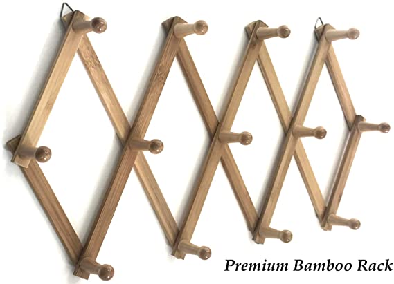 Azi Excellent Quality Bamboo Rack - Accordion Style Expandable Wall Mounted Rack - 13 Pegs/Hooks (2’’ Long Pegs) for Hat Caps Belt Umbrella Coffee Mug Jewelry Elegant Eco-Friendly