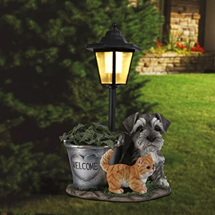 Garden Statues, POTEY Garden Statues Dog and Cat Garden Sculptures & Statues Outdoor with Solar Lights and Flowerpot Funny Garden Decor Gifts Lights for Patio Yard Decorations