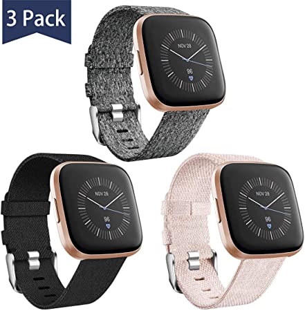 Maledan Compatible with Fitbit Versa/Versa Lite/Fitbit Versa 2 Bands for Men Women Large, 3 Pack Woven Fabric Strap Wristband for Fitbit Versa Smart Watch Family, Black/Beige/Charcoal