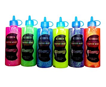 6 Color Glitter Glue Set (4oz - 120 ml Bottles) NEON Colors - Pink, Green, Blue, Yellow, Purple, and Orange