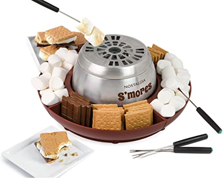 Nostalgia Indoor Electric Stainless Steel S'Mores Maker with 4 Lazy Susan Compartment Trays for Graham Crackers, Chocolate, Marshmallows and 4 Roasting Forks, Brown