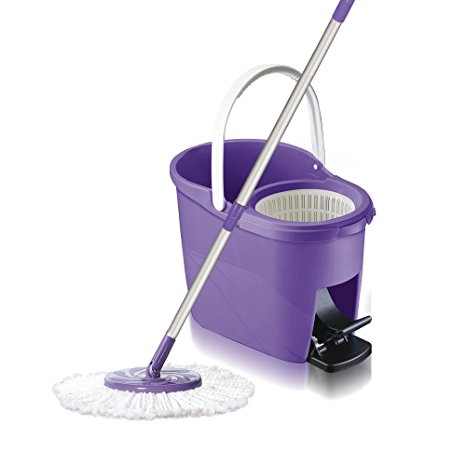 White Magic Foot Press 360 Spin Mop Bucket System   Two Replacement Microfiber Heads   Extendable Handle