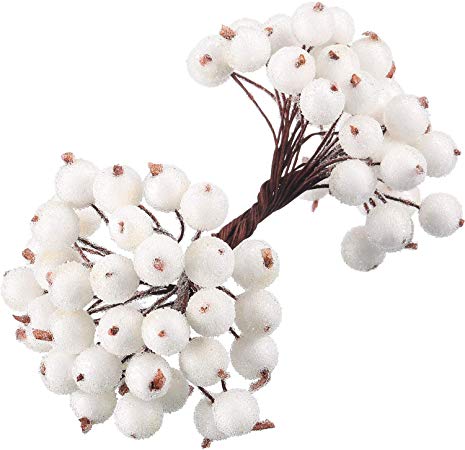 Tatuo Pack of 200 Pieces Frosted Fruit Holly Berries Mini Christmas Artificial Berry Flower for Home, Wedding, Party, Birthday, DIY Decoration (White)