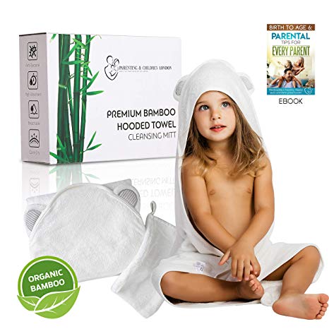 Baby Bath Towel White with Hood for Boys and Girls | Ultra Soft Organic Bamboo Towel and Washcloth Set, Large, Hypoallergenic Baby Hooded Towel for Infants and Toddlers | Baby Shower Gift Unisex