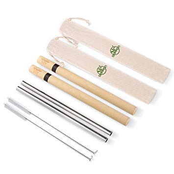 Deppon Reusable Stainless Steel Straws, Set of 2 with Wooden Case & Pouch, 8.5" Long Eco-Friendly Portable Metal Straws, Includes 2 Cleaning Brushes