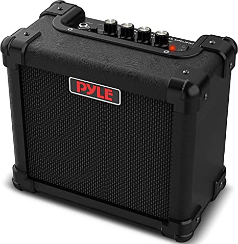 Pyle Portable Electric Guitar Amp - Battery or Wall Power Mini 10 Watt Mini Practice Instrument Amplifier w/ 5" High Definition Speaker, Headphone Out, Volume, Bass, Treble, Distortion, Gain Controls