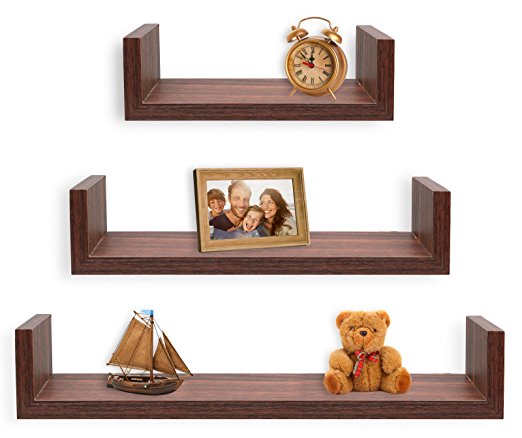 Greenco Set of 3 Floating U Shelves, Walnut Finish