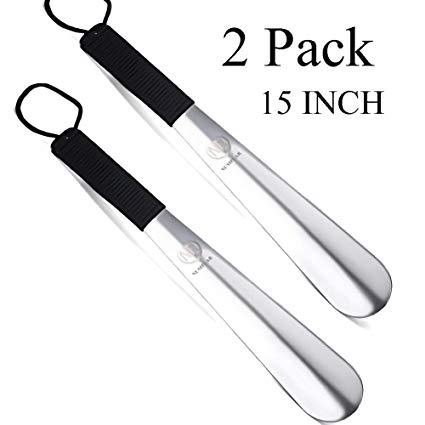 Long Metal Shoe horn-15" Extra Long Handled Shoehorn with Paracord Strap for Boots & Shoes-Stainless Steel & Lifetime Warranty (Black 2Packs)