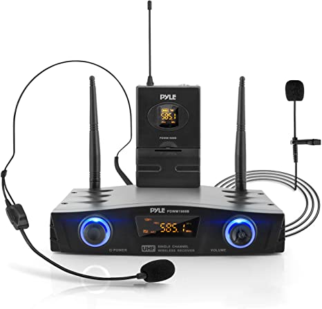 Compact UHF Wireless Microphone System - Pro Portable 1 Channel Desktop Digital Mic Receiver Set w/ Belt-Pack Transmitter, Receiver, Headset and Lavalier Mics, XLR, For Home, PA - Pyle PDWM1988B,Black