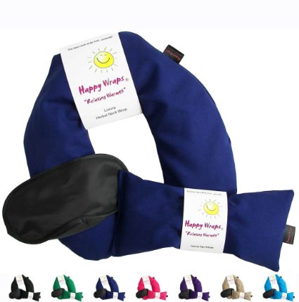 Happy Wraps Herbal Neck Wrap wFree Lavender Eye Pillow and Free Sleep Mask - Microwave or Freeze - Navy Cotton