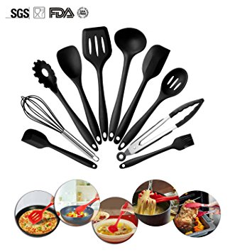 Silicone Cooking Utensils Set of 10 Pieces Heat Resistant Nonstick Spatula Utensil Set Kitchen Good Helper (Black)