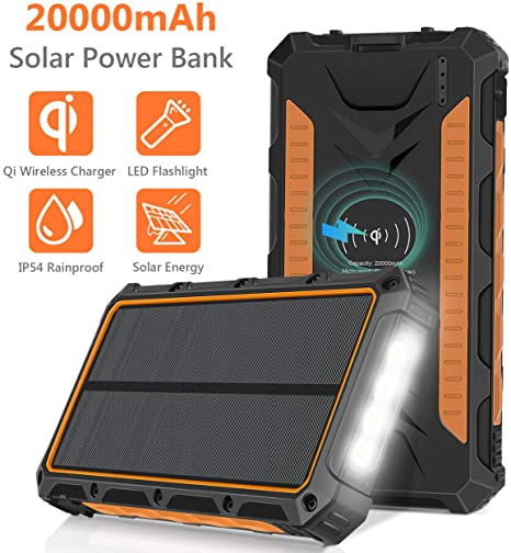 Sendowtek Solar Charger 20000mAh QI Wireless Power Bank Portable External Battery Pack Charger, 3 Output Ports 4 LED Flashlight, Solar Panel Charging for Travel, Camping, Emergency, etc.