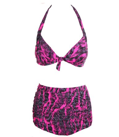 Surenow Retro 50s Black Pink Blue Floral Halter High Waist Bikini Carnival Swimsuit
