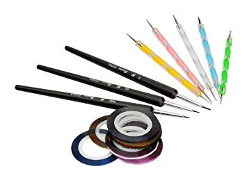JOVANA 5 X 2 Way Marbleizing Dotting Pen Set   10 Color Rolls Nail Art Decoration Striping Tape   Set of 3 Nail Art brushes