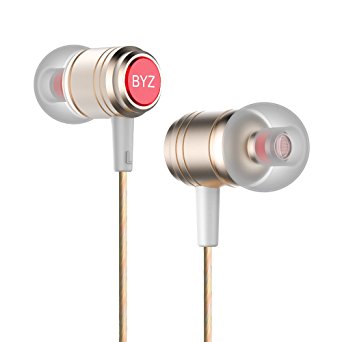 BYZ Earbuds, In-Ear Metal Bass Earphones, with Microphone Noise Isolating Headphones, Comfort Fit for iPhone 6 Samsung Android Smartphones Xbox Laptop iPad (Gold)