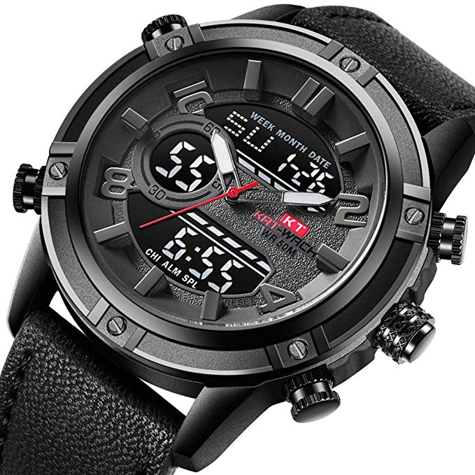 Mens Wrist Watch Chronograph Outdoor Sports Watch for Men Sport Dual Display Watches Luxury Waterproof Black Leather Band