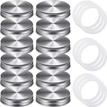 12 Pieces Wide and Regular Stainless Steel Mason Canning Jar Lids Colored Flat Screw-top Lids Leak Proof Canning Jar Lids with Silicone Sealing Rings Compatible with Mason Jars, 6 Wide, 6 Regular