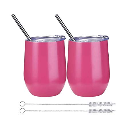 2 Pack 12 oz Wine Tumbler with Lids, Double Wall Vacuum Insulated Stainless Steel Stemless Wine Glass, Travel Coffee Mug Cup for Wine, Drinks, Champagne, Cocktails (Include Straws & Brush) (Pink)