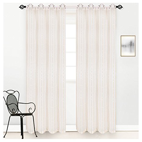 HOMTOD Gold Stripe White Sheer Voile Curtain Panel Window Eyelet Curtains Single Panel