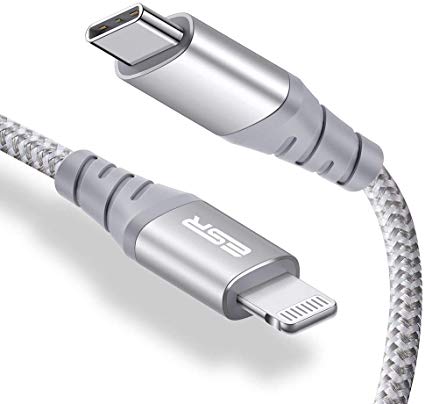 iPhone 11 Charger, ESR USB C to Lightning Cable, [0.6ft MFi-Certified], Braided Nylon Power Delivery Fast Charging for iPhone 11/11 Pro/11 Pro Max/XR/XS Max/XS/X, for Use with Type-C Chargers, Silver