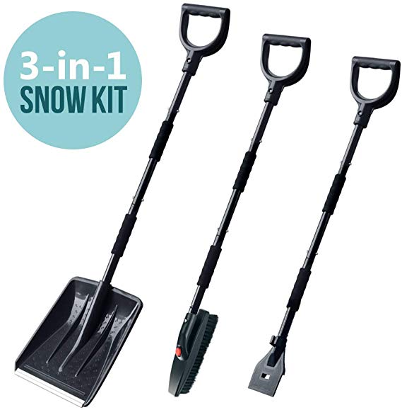 multifun Snow Brush Kit, 3-in-1 Snow Shovel with Ice Scraper and Snow Brush, 3 Piece Collapsible Design Portable Emergency Snow Shovel Set for Car Truck Camping and Other Outdoor Activities