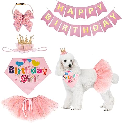 ADOGGYGO Dog Birthday Hat Bandana Girl - Puppy Party Supplies Pink Tutu Scarf Bow Happy Banner Set (Pink-2)