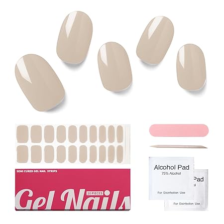 Semi Cured Gel Nail Strips, 20 PCS Gel Nail Stickers Work with UV Light, Gel Nail Wraps, Salon Quality & Easy to Use - Cream Coffee