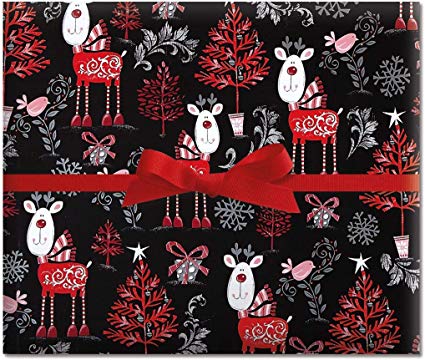 Reindeer on Black Jumbo Rolled Gift Wrap - 1 Giant Roll, 23 Inches Wide by 35 feet Long, Heavyweight, Tear-Resistant, Holiday Wrapping Paper