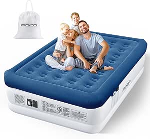 MoKo Air Mattress Queen with Built in Pump, 18'' Luxury Inflatable Mattress, 3 Min Fast Blow up Mattress with Dual-Chamber, Comfort Top - Velvety Air Bed for Home, Camping, Travel, Guests, White/Blue