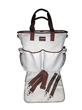 KidZone by IPP - 2 in 1 Baby Diaper Bag - Functional Duffle Overnighter Tote - Quality Canvas w/Table Topper changing pad (Grey/White Mini-Stripe Brown Trim)