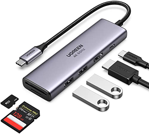 UGREEN USB C Hub 4K 60Hz 6-in-1 USB C Adapter mit 100W PD, HDMI, SD/TF, 2 USB 3.0 Kompatibel mit MacBook Pro 2021 2020, MacBook Air 2020, iPad Pro 2021 2020, XPS 13 Book usw.