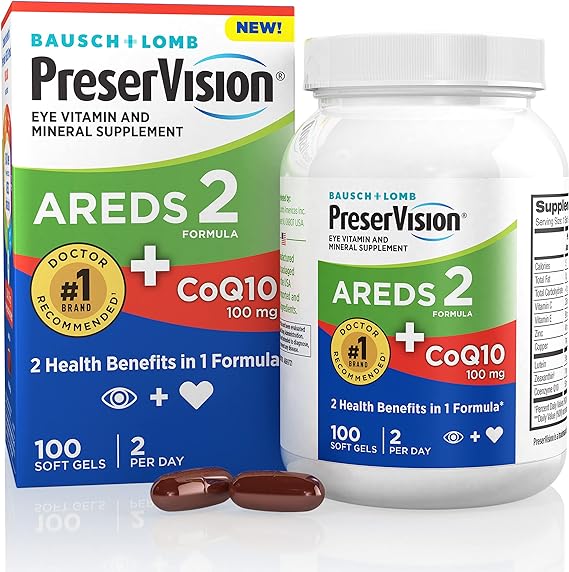 PreserVision AREDS 2 Eye Vitamins with CoQ10 for Heart Health, Lutein, Zeaxanthin, Vitamin C & E, Zinc, Copper, 100 Softgels