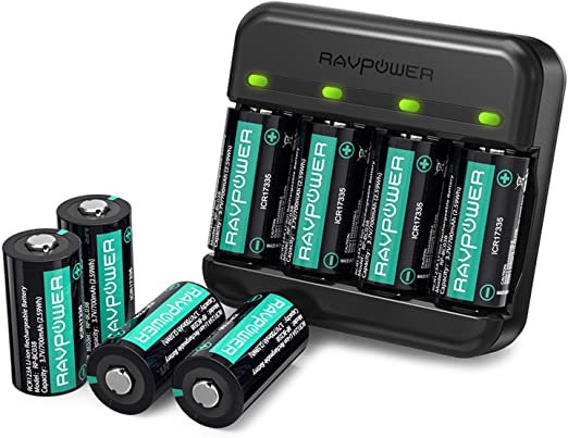 Rechargeable CR123A RAVPower Charger Lithium Batteries Set 3.7V 700mAh for Arlo Wireless Cameras VMC3030 VMK3200 VMS3330 3430 3530 Flashlight Polaroid and More including Battery Charger