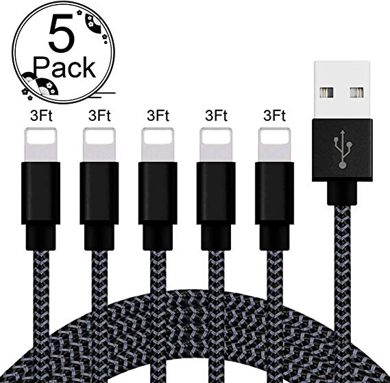 XKAUDIE MFi Certified iPhone Charger Lightning Cable 5 Pack [3FeeT] Extra Long Nylon Braided USB Charging & Syncing Cord Compatible iPhone Xs/Max/XR/X/8/8Plus/7/7Plus/6S/6S Plus/SE/iPad/Nan More