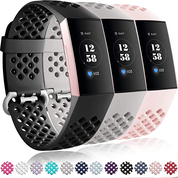 Getino Compatible with Fitbit Charge 4 Bands Fitbit Charge 3 Bands for Women Men, Soft Waterproof and Durable TPU Breathable Wristbands, Replacement Strap Band 3 Pack, Small Black/Gray/Pink