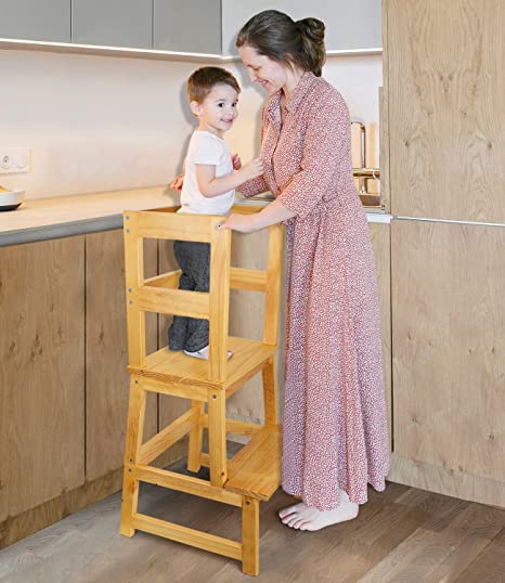 Kids Kitchen Step Stool, Toddler Learning Stool with Safety Rail - Lightweight Solid Hardwood Construction - Perfect for Kitchen Counter & Bathroom, Standing Tower for Toddlers 18 Months and Older