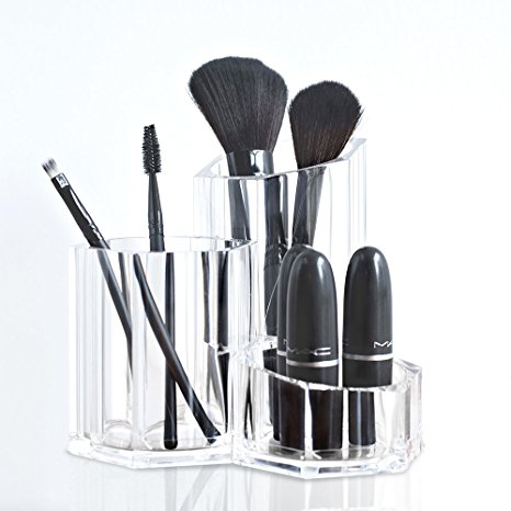 TWING Premium Acrylic Makeup Brush Holder Organizer 5.3x5.3x4.7inch, 3 Compartments Acrylic Cosmetic Organizer,1pc/pack