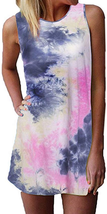 ZANZEA Women's Long Sleeve/Sleeveless T Shirt Dress Tie-dye Floral Print Tank Mini Dress