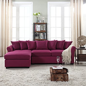 Modern Large Linen Fabric Sectional Sofa, L-Shape Couch with Extra Wide Chaise Lounge (Purple)