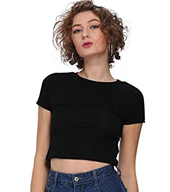 Payeel Women's Short Sleeve Round Neck Crop Top Casual Solid Basic Tee