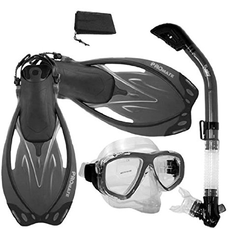 Promate Snorkeling Scuba Dive Dry Snorkel Purge Mask Fins Gear Set