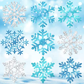 45 Pieces Snowflake Cutouts Decorations, Christmas Snowflake Paper Cutouts with Glue Point Dots for Christmas Party Winter Party Frozen Party Home Class Office Decor Accessories (Silver, Blue)