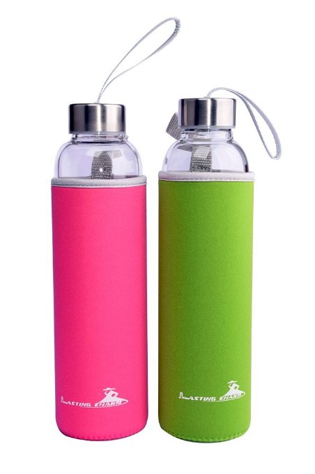 Glass Water Bottle Reusable-Made of High-quality Glass,Stylish Sports,Bike,Tennis,Runner,Drinking,Camping Water Bottle 18oz With Nylon Sleeve,Glass Beverage,Storage Bottle With Lid,Pink/Green,Set of 2
