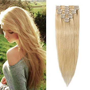 100% Real Remy Clip in Hair Extensions #613 Bleach Blonde Grade AAAAA Natural Hair Full Head Standard Weft 8 Pieces 18 Clips Long Smooth Soft Silky Straight 80g 22" /22 inch