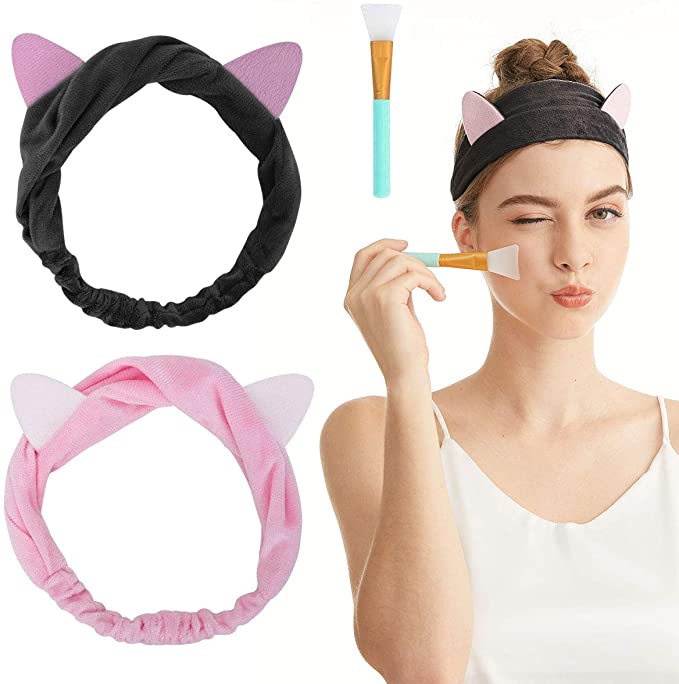 Spa Facial Headband - 2 PCS Headband for Makeup Cat Ears Cute Spa Shower Hair Band Make Up Wrap Head Band Gift Headdress