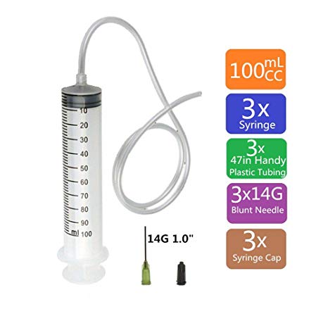3 Pack 100ml Syringes with 120cm (47in) Handy Plastic Tubing, 14Gx1.0'' Blunt Tip Fill Needles and Storage Caps(Luer Lock)