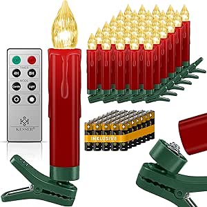 KESSER® Weihnachtsbaumkerzen 30 LED Inkl. Batterien Kabellos – Mehrfarbig - mit Fernbedienung – Timerfunktion - Flackern - Dimmbar Weihnachtskerzen Christbaumkerzen Befestigungsklammern Kerzen Rot