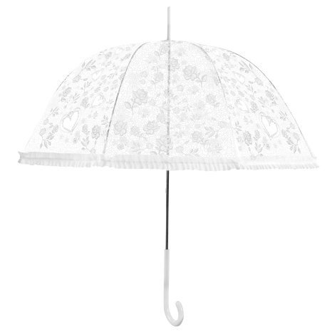 Becko Stick Umbrella  Flower and Heart Pattern Clear Canopy Bubble Umbrella  Transparent Dome Shape Princess Style Rain Umbrella with Gradient J-handle for Wedding  Party  Camping