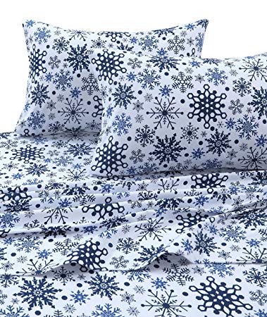 Tribeca Living SNFL170SHEETKI Snowflakes Printed Flannel Deep Pocket Sheet Set, King, Multi