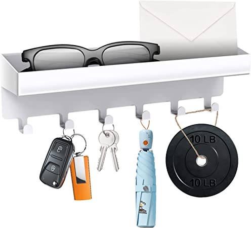 KingAcc Key Holder for Wall Decorative, Wall Mounted Key and Mail Organizer, Adhesive Key Rack with Tray for Entryway Hallway Kitchen Farmhouse, Metal Key Hanger with 6 Key Hooks(White)